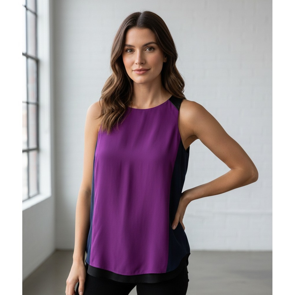 Rag & Bone New York Women's Size XXS Grape/Navy Sleeveless Leather‎ Trim Top